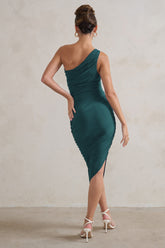 Bottle Green One Shoulder Asymmetric Ruched Midi Dress